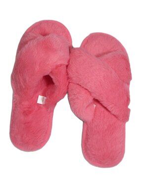 FUZZY SLIPPERS WOMEN'S SIZE 8, MEN'S 6 NEW IN PACK, BRIGHT EASY TO FIND PINK